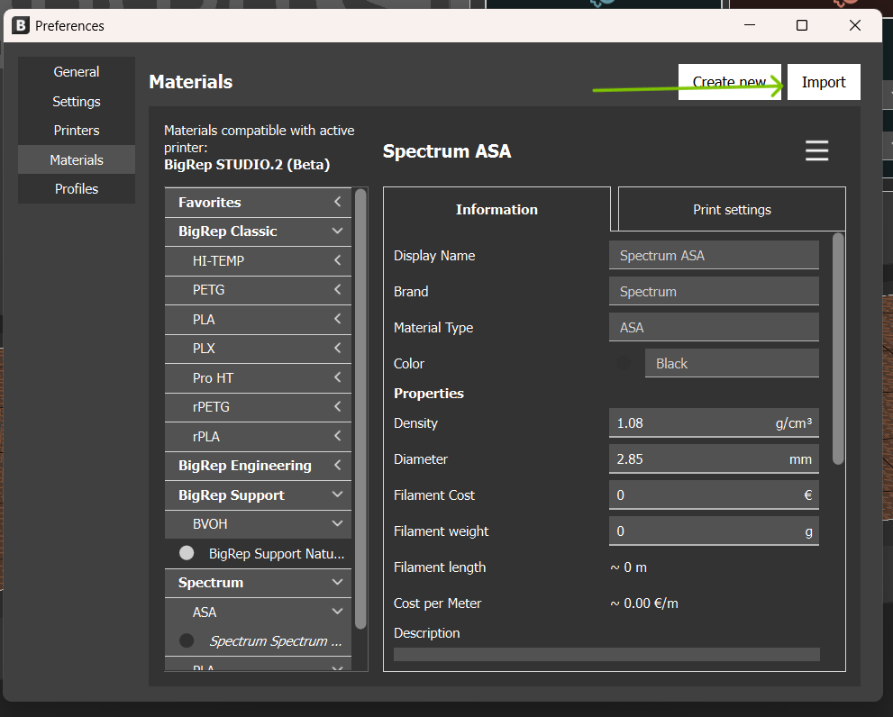 bigrep import filament profiles
